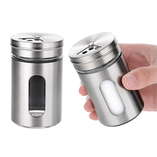 2Pcs Salt and Pepper Shakers Set with Adjustable Pour Holes Salt Shaker with Stainless Steel Lid Stainless Steel Spice Dispenser Ideal for Pink Himalayan, Table Salt, Black and White Pepper (2.4 oz)
