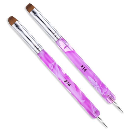 French Brush for Nails, 2 PCS Acrylic Nail Brushes 2 Way Gel Manicure Brush with Dotting Tools Nail Art French Manicure Brush for French Tip Nail Clean up Brush for Nail Salon (Size #14 & #16)