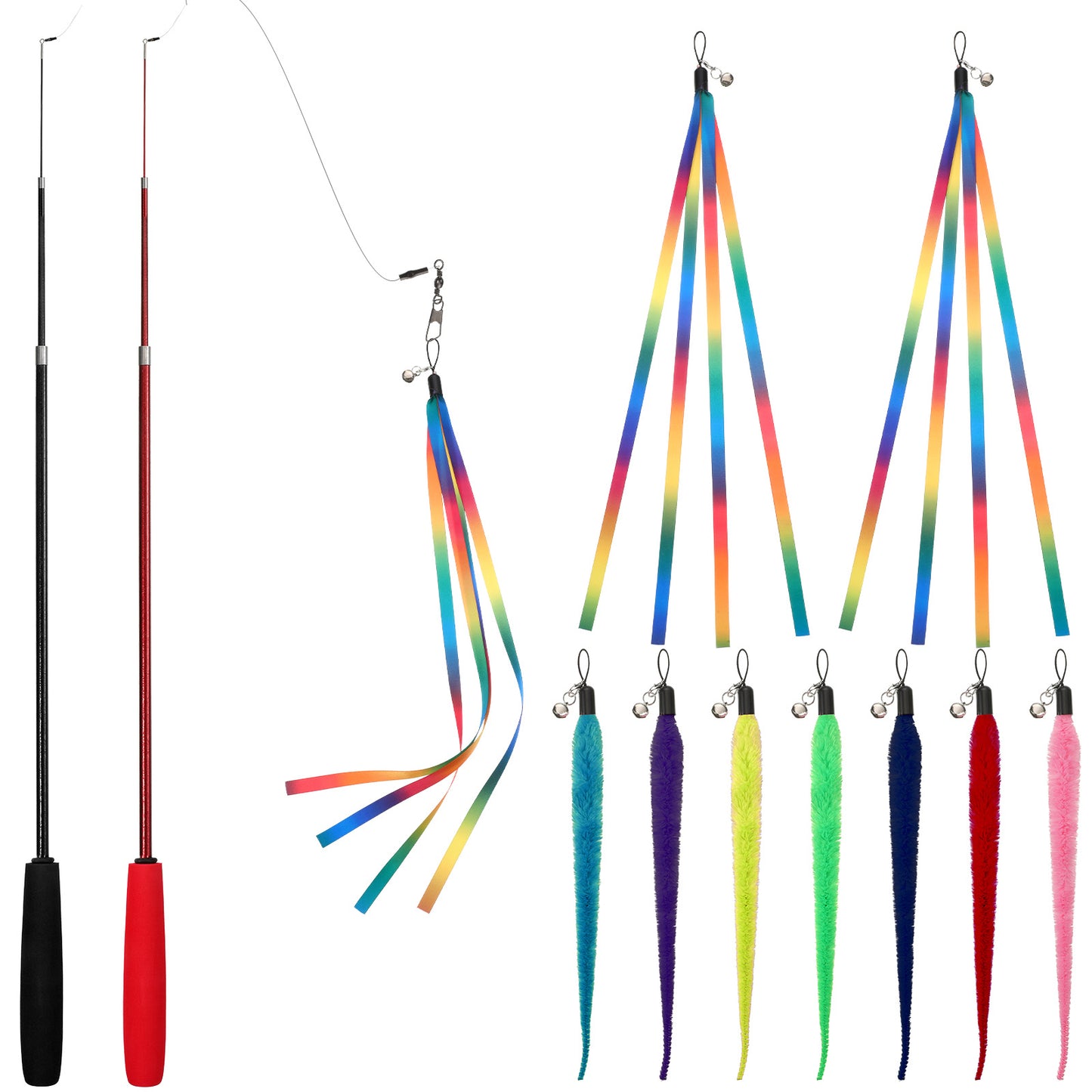Trinkrittey 11PCS Cat Worm Toy, Interactive Fuzzy Worms with Retractable Wands (38" and 50") Cat Stick Toy with Feather Toys and Teasers Fishing Pole Cats Toys for Exercise, Playtime and Chase