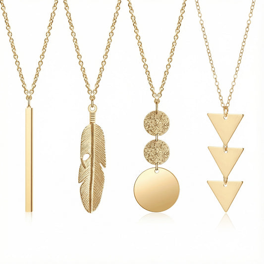 Sliverdew Long Gold Necklace for Women, 4 Pcs Trendy Pendant Necklaces with Bar, Circle, Feather, and Triangle Charms, Fashion Jewelry for Everyday Wear, Party, Wedding, Gift- 28 Inch Chain