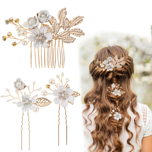 5 Pack Bridal Flower Wedding Hair Pins Blue Flower Hair Side Combs Slides U-shaped Crystal Pearl Hair Clips Twist Spiral Hairpins Floral Headpieces for Brides Bridesmaids Women Girl