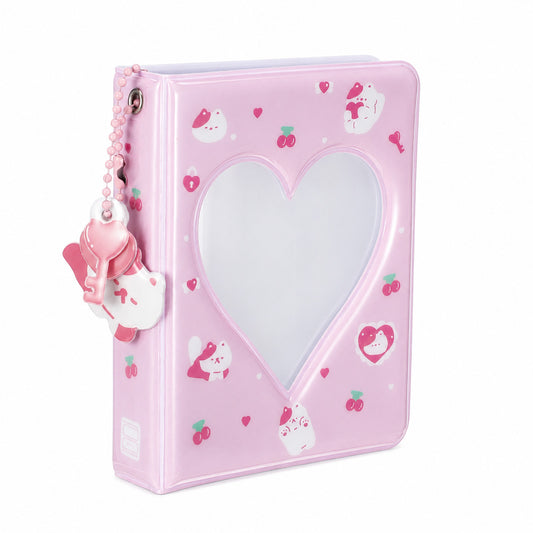 Mini Photo Album, 3 Inch Mini Photocard Binder Heart Hollow Card Binder Cute Style Pink White Cat Card Holder Collectible Album with Pendant 36 Pockets