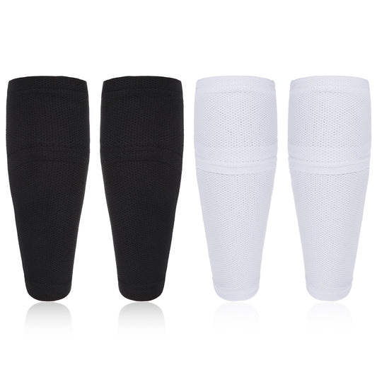2 Pairs Soccer Shin Guard Sleeves, Soft Breathable Shin Pads Socks Soccer Sleeve Socks for Kids Youth, Shin Guard Sleeves Youth with Lnsert Pocket Boys and Girs for Football Games (Black & White)