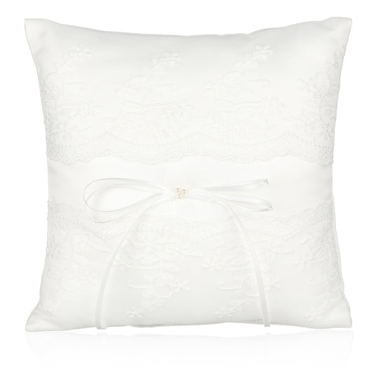 Wedding Ring Pillow, 7.9 x 7.9 Inches Lace Pearl Ivory Ring Bearer Pillow Embroidered Flower Leaves Cushion Simple Collection of Big Bow Bearer Holder for Beach Wedding Party Ceremony Proposal