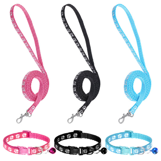 3 Pcs Dog Collar and Leash Set, Adjustable Puppy Collar and Leash, Dog Collars and Leashs for Small Dogs, Puppy Collars with Paw Print, Quick Release Buckle Adjustable Rope for Pets (Pink Black Blue)