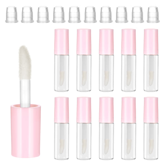 10Pcs Empty Lip Gloss Tubes 1.2ml Pink Round Lipgloss Tubes Clear Mini Refillable Lip Balm Bottles Big Brush Lip Gloss Tube Cosmetic Containers Bottles for Lipstick Samples Lip Balms Travel Split