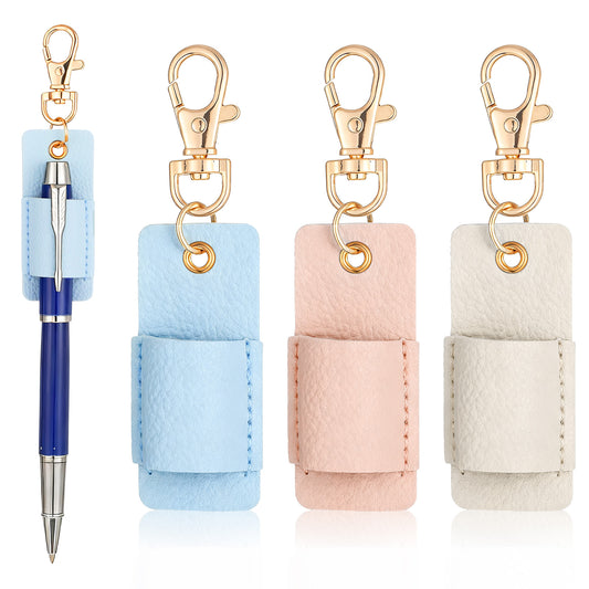 Xelsluthe 3 PCS Lanyard Pen Holder, Anti-Lost Pen Holder for Lanyard, Leather Neck Pens Holders Keychain for Nurses, Courier, Clerk (Pink, Blue, White)