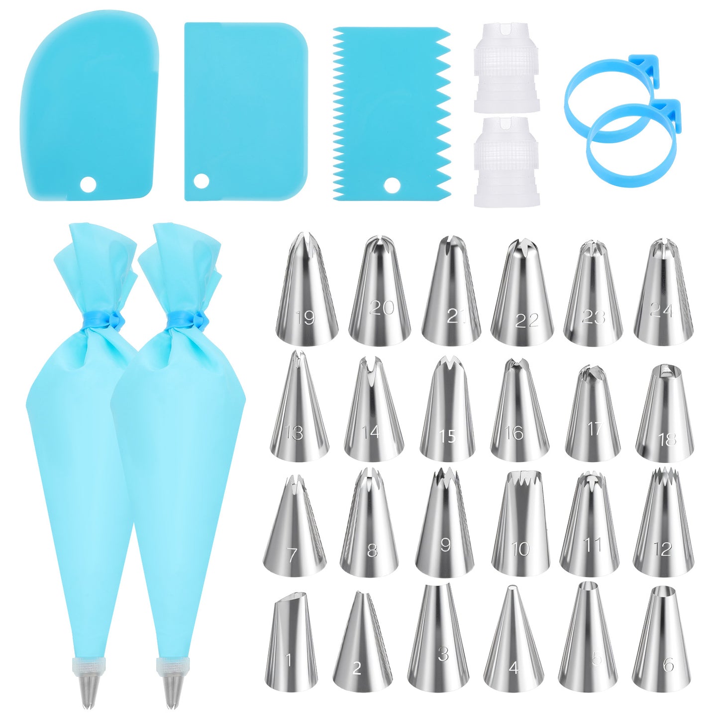 Cupcake Frosting Piping Kit, Cake Decorating Supplies with 2 Reusable Piping Bags, 24 Icing Tips, 2 Couplers, 3 Scrapers 2Silicone Rings Pipings Bags and Tips Set Baking Tools for Cookie Icing