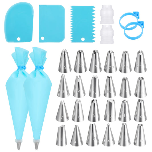 Cupcake Frosting Piping Kit, Cake Decorating Supplies with 2 Reusable Piping Bags, 24 Icing Tips, 2 Couplers, 3 Scrapers 2Silicone Rings Pipings Bags and Tips Set Baking Tools for Cookie Icing
