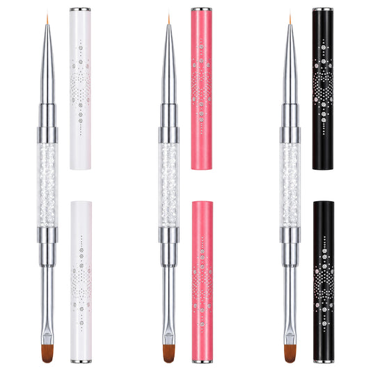 3Pcs Dual Ended Hard Gel Nail Brushes, Gel Nail Brush, Spatula & Liner Brush with Rhinestone Handles, Professionall Nail Art Design Tools Builder Gel, Nail Polish Application, DIY Manicure & Salon Use