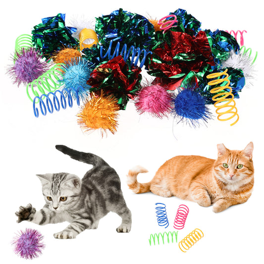 Xthrotsenk 30 Pcs Cat Toys Assortments Interactive Cat Toy Balls Set Kitten Toys Including Cat Crinkle Balls Cat Spiral Springs Cat Sparkle Balls for Cat Kitten Puppy