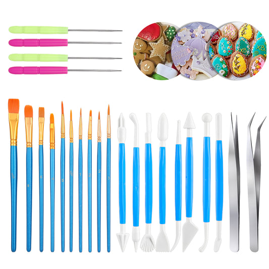 24 Pieces Cookie Decorating Tool Set, Cake Baking Brush, Fondant Cake Decorating Tool Set Include Sugar Stir Needle Decoration Brushes Fondant Modeling Tool Elbow and Straight Tweezer for DIY Cake