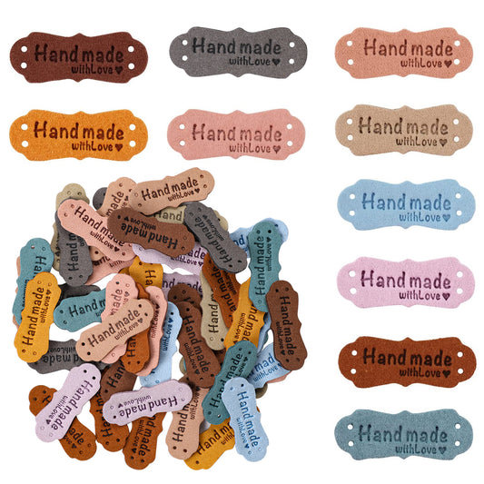 Vin beauty 50 Pcs Handmade Leather Labels with Love Tags for Crafts Embossed Crochet Holes Colorful Knitting Sewing Hats Purses Clothing (10 Colors)