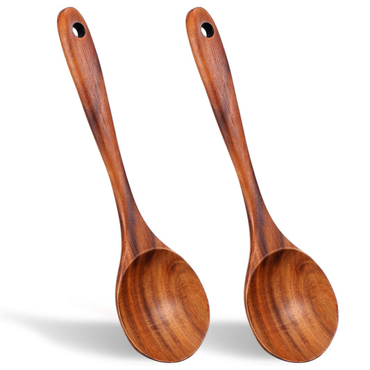 2PCS Wooden Cooking Spoons, Wooden Spoons for Cookings, Natural Wood Spoon, Good Grip Large Cooking Spoon and Woodens Spatula for Mixing, Baking, Serving and Stirring
