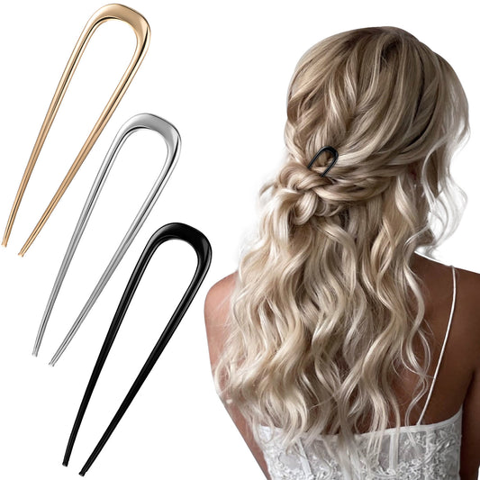 3 Pieces Large French Hair Pin U-Shaped Bun Hair Sticks Gold Hair Fork Sticks for Women Lady Buns Hair Accessories