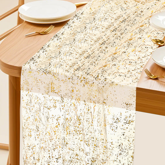 10 Ft Gold Sheer Table Runner 27 x 118 Inches Gold Gauze Sheer Chiffon Fabric Runner Glitter Metallic Foil Wedding Table Runner Sequin Boho Table Cover for Birthday Christmas Bridal Decoration