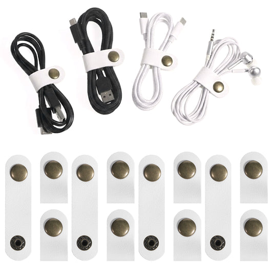 20 PCS Leather Cable Organizer, White Leather Cord Organizer Portable Snap Cable Strap Charging Cables Cords Organizers Reusable Leathers Cables Ties Snap Closure for Men Women
