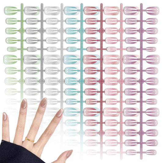 Cat Eye Press on Nails 7 Colors Reusable Stick On Nail Short Square Natural Fake Nails for Nail Art