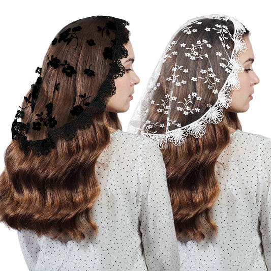 Gtziqa Lace Head Coverings for Women, 2 Pcs Lace Head Scarf Round Floral Lac Veils for Church Catholic Mantilla Veil Headpiece for Bridal Wedding Party Costume Cosplay (Black, White)
