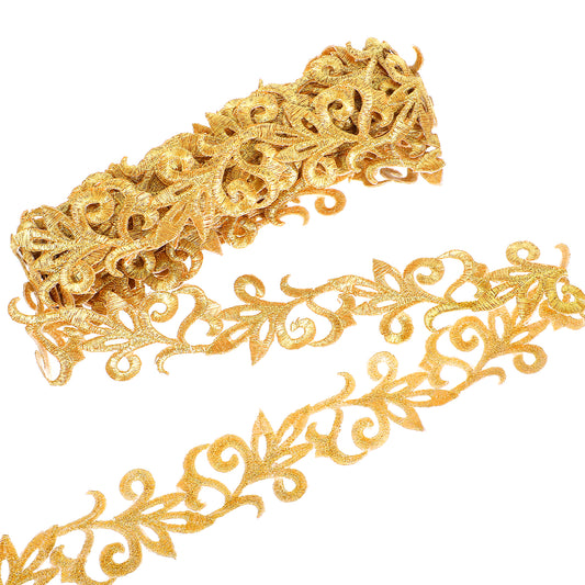 4.37 Yards Gold Embroidery Polyester Ribbons Metallic Lace Trim Border Iron On Floral Lace Applique Patches Trim Wide Adhesive Goldenrod Lace Trim for Sewing Costumes Gowns Hats Accessories Decoration