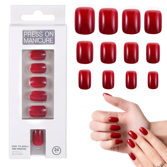 24 Pcs Press On Nails Short Wine Red Fake Nails with Adhesive Soft Gel Backing Short Oval Nails Glue On Nails French Tips Acrylic Full Cover False Nail Kit with Mini Nail File for Women and Girls