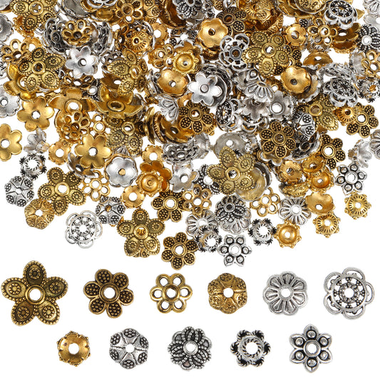 360 Pcs Flower Spacer Beads Caps 12 Styles Mixed Tibetan Alloy Floral End Cap Silver and Gold Flower Bead Spacers Vintage Ring Spacer Cap for DIY Necklace Bracelet Jewelry Making Earrings