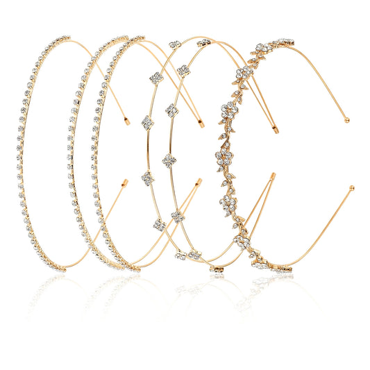 4 Pcs Gold Rhinestone Headband for Women Girls, Bridal Wedding Headband Metal Hair Band Tiara Prom Hair Accessories Crystal Flower Sparkly Diamond Crown