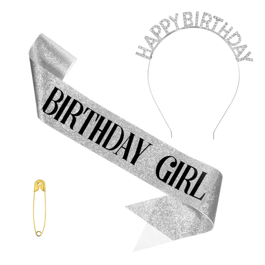 3 PCS Birthday Crown and Sash Set, Rhinestone Happy Birthday Accessories, Glitter Birthdays Sash, Glitter Rhinestone Tiaras Headband for Women