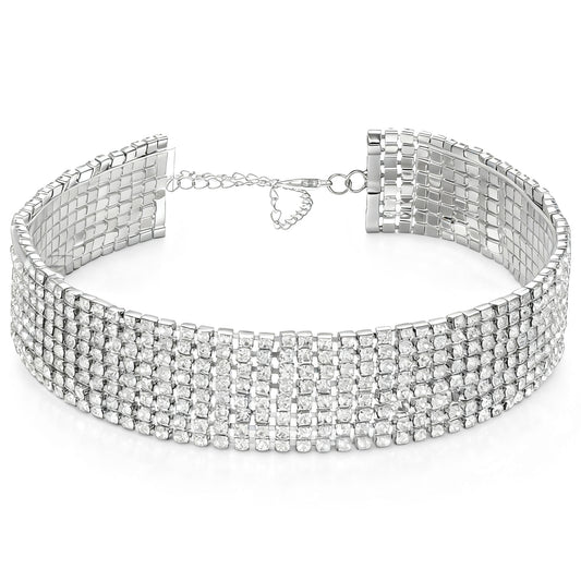 FdcLixuvol Rhinestone Choker Silver Sparkling Choker Necklace for Women Sparkly Crystal Rhinestone Wide Chokers Adjustable Iced Out Jewelry Necklace for Bridal Wedding