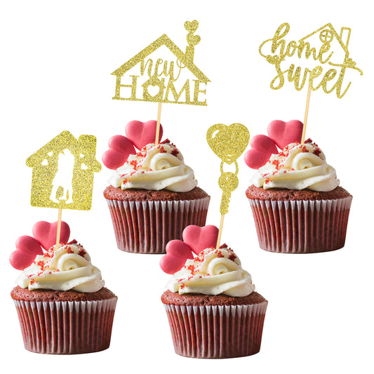 24Pcs Sweet Home Cupcake Toppers Cupcake Picks Decorations Housewarming Cupcake Gold Glitter Key Cake Decorations Supplies for New Home Theme Party