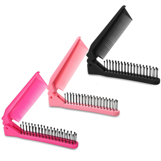 Folding Comb, 3 Pcs Travel Foldable Comb Protable Mini Hair Brush Anti-Static Double Headed Folding Hair Brush Hairdressing Tool for Women Men Long Short Thick Wavy Curly (Pink, Rose Red, Black)