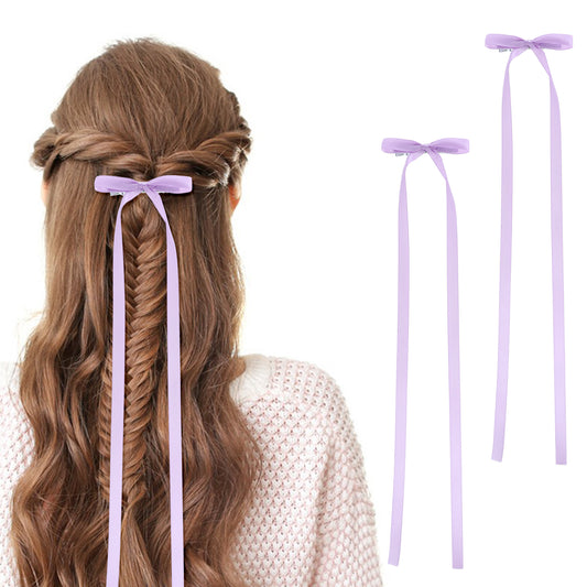 2 Piece Bow Hair Clips for Women Girls Purple Hair Bows Tassel Hair Ribbons Silky Satin Bowknot Hair Clips Long Hair Bow Satin Hair Clip Ribbon Hair Accessories