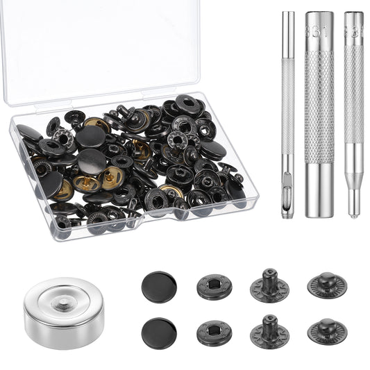 24Sets Leather Snap Fasteners Kit, 15mm Metal Snap Buttons Metal Leather Press Studs Kit with 4pcs Installation Tools Heavy Duty Leather Snap Button for Clothing Hats Jackets Jeans Canvas (Gray black)