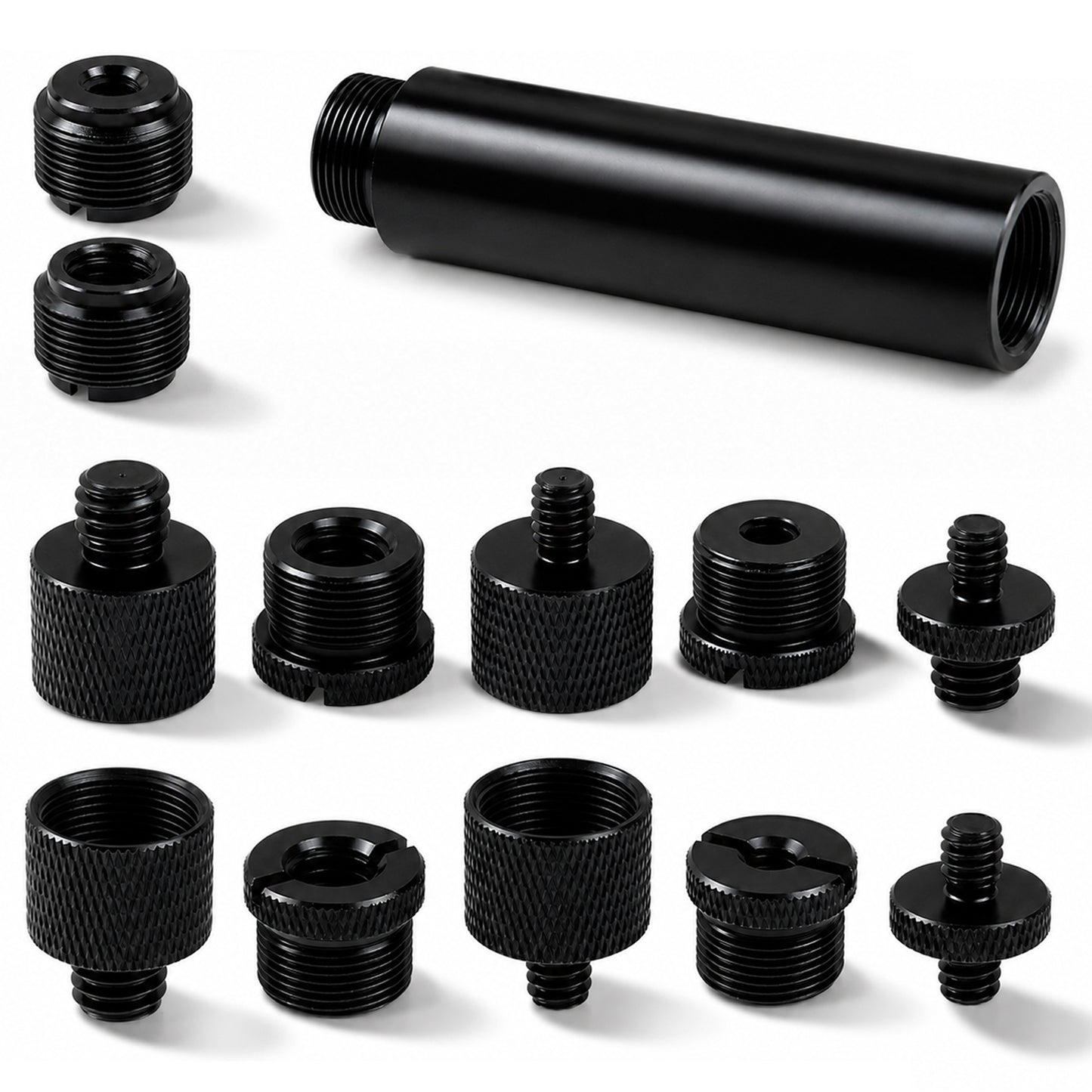 13 PCS 3/8 to 5/8 and 1/4 Mic Stand Adapter Set, Microphone Stand Screws with Extension Tube Aluminum Alloy Mic Thread Mount for Boom Arm Camera Tripod Projector Fill Light Black