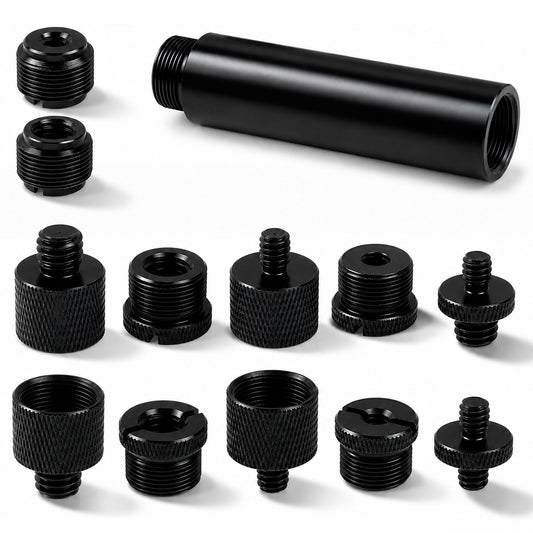 13 PCS 3/8 to 5/8 and 1/4 Mic Stand Adapter Set, Microphone Stand Screws with Extension Tube Aluminum Alloy Mic Thread Mount for Boom Arm Camera Tripod Projector Fill Light Black