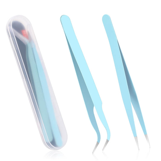 Lash Tweezers,2 Pcs Eyelash Tweezers Set Stainless Steel Straight and Curved Tip Tweezers Nippers Pointed Tweezers Sticker Tweezers for Eyelash Extensions Nail Art DIY Crafts Scrapbooking Tools （Blue)