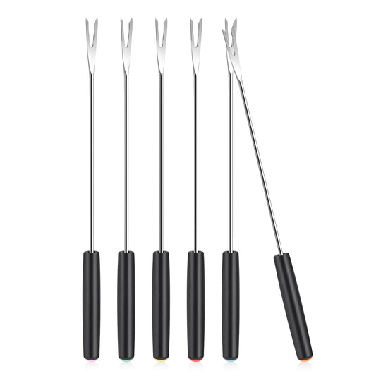 Mozeat Lens 6 Stainless Steel Fondue Forks, 9.84 inches Long, Heat Resistant Handle for Roast Meat, Chocolate Dessert, Cheese, Marshmallows