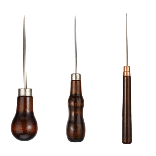 3 Pieces Awl Tool Hole Punch Leather Tool Awl Puncher with Wooden Handle DIY Leather Craft Sewing Tool Wooden Handle for Sewing or Repairing Canvas Paper Leather Fabric