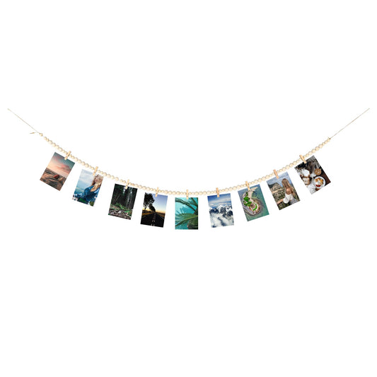 KALIONE Wall Hanging Photo Display,Boho Photo Banner String with Wooden Bead,Collage Photo Frames for Wall,Hanging Picture Frames with String,String Photo Board with 9 Wood Clips for Home Office Decor