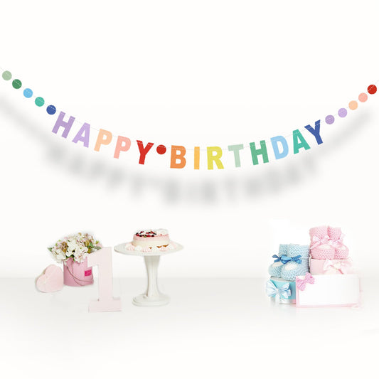 Rainbow Happy Birthday Banner,Pre-Strung Colorful Cardboard Birthday Banner with Colorful Dot Decoration Garland, Rainbow Theme Party Supplies,NO DIY (80 inch)
