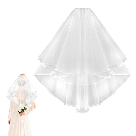 KALIONE Wedding Bridal Veil with Comb 2 Tier Tulle Short Lace Mesh Veils White Wedding Tulle Veil Simple Bride to Be Veil for Bride Wedding Shower Bachelorette Engagement Hen Do Night Party