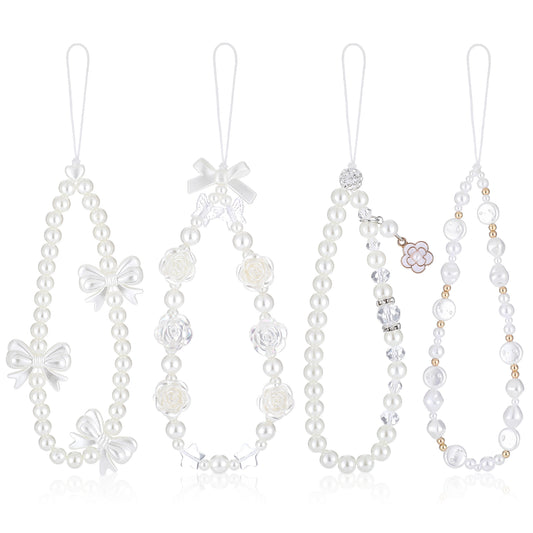 4 Pack Beaded Phone Bracelet Strap Crystal Butterfly Flower Pearl Charms Strap Colorful Acrylic Beads Charm Wrist Strap Handmade Mobile Phone Chain for Women Anti-Lost Lanyard