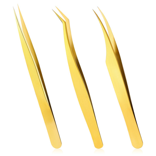 Eyelash Extension Tweezers, 3 PCS High Precision Stainless Steel Straight and Curved Tip Lash Tweezers Set Professional Eyelash Tweezers for Classic Individual and Volume Lash Extension Supplies(Gold)