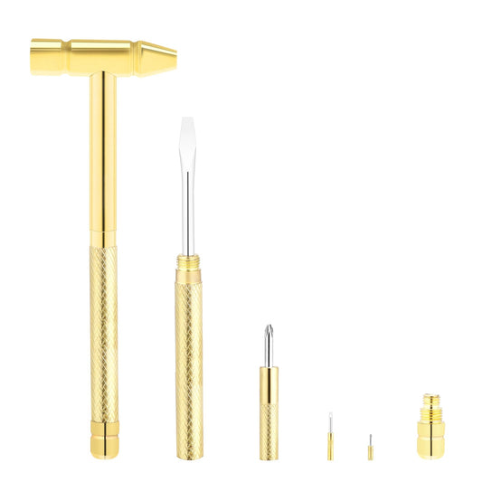 Mozeat Lens 6-In-1 Mini Hammer & Screwdriver Set, Golden Alloy Steel, Knurled Handle, Compact & Portable, Ideal for Repair UAV, Mobile Phones, Laptops, Watches