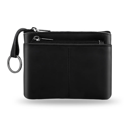 Black Mini Change Purse Genuine Leather Coin Purse Coin Pouch with Key Ring Small Zipper Wallet