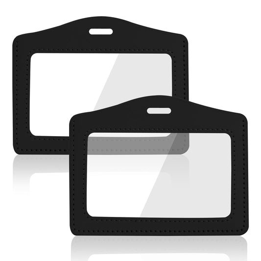 2 Pcs Genuine Leather ID Badge Holder Horizontal Clear Card Holder Waterproof Name Badge Holder for Office, Staff, Students, Employees(Black&Black)