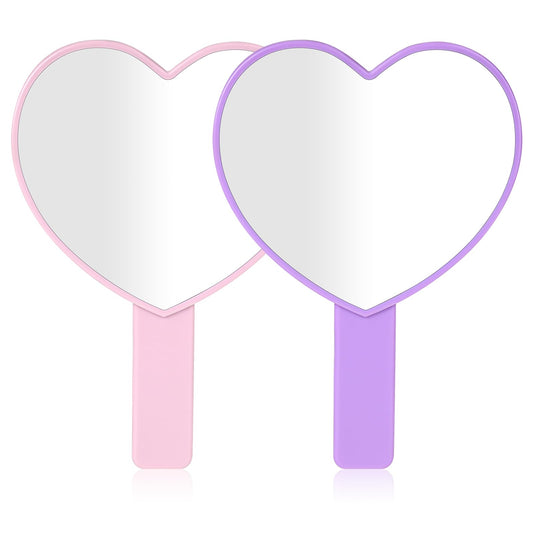 KALIONE 2 Pcs Hand Held Mirror, Heart-Shaped Handheld Mirrors, Mini Cosmetic Mirror with Handle, Love Heart Shape Makeup Mirror, Travel Makeup Mirrors Cosmetic Hand Mirror with Handle(Pink&Purple)