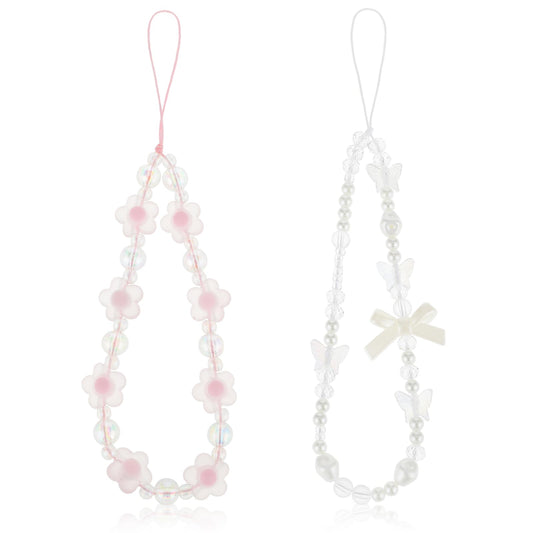 2 Pack Beaded Phone Bracelet Strap Crystal Butterfly Flower Pearl Phone Charms Strap Colorful Acrylic Beaded Phone Charm Wrist Strap Handmade Mobile Phone Chain for Women Anti-Lost Lanyard