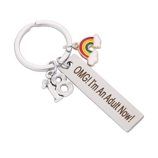 Sliverdew 18th Birthday Gift Keyring,Happy Birthday Keychain Inspirational Keyring Gifts Stainless Steel Keychain Omg! I'M An Adult Now! Keychain Bar Mitzvah Present for Girls and Boys