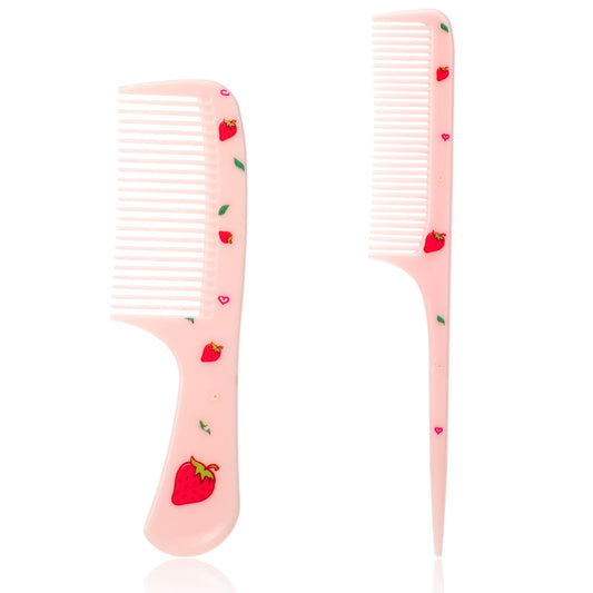 Combs for Women, 2 Pcs Cute Pink Strawberry Fruit Hair Comb Set Plastic Fine Tooth Rat Tail Combs Hair Styling Tools for Women Girls All Hair Types Long Short Wet Dry Curly Straight Hair (Pink)